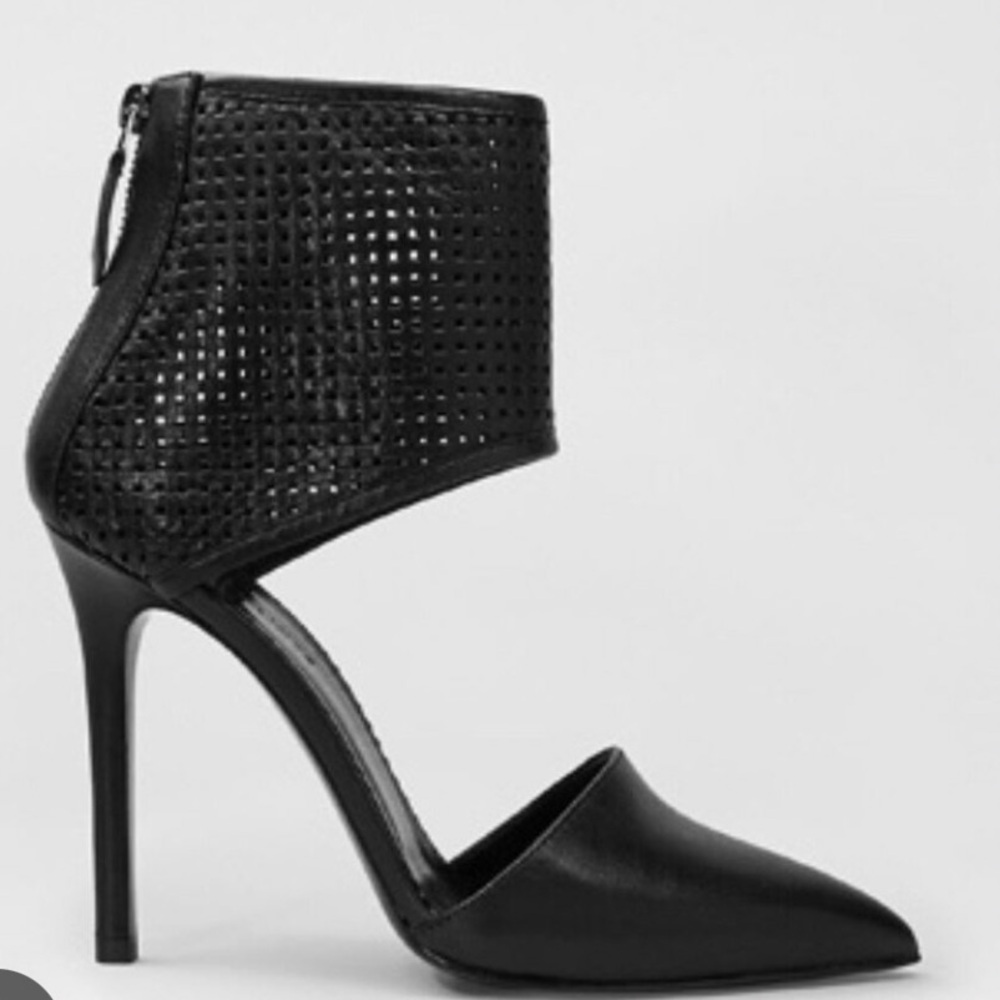All Saints Cleo Traforata Black Stiletto Heels with Textured Ankle Cuff